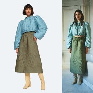 NWT Sea New York Womens Sasha Satin Quilted Moss Green Midi Skirt XS